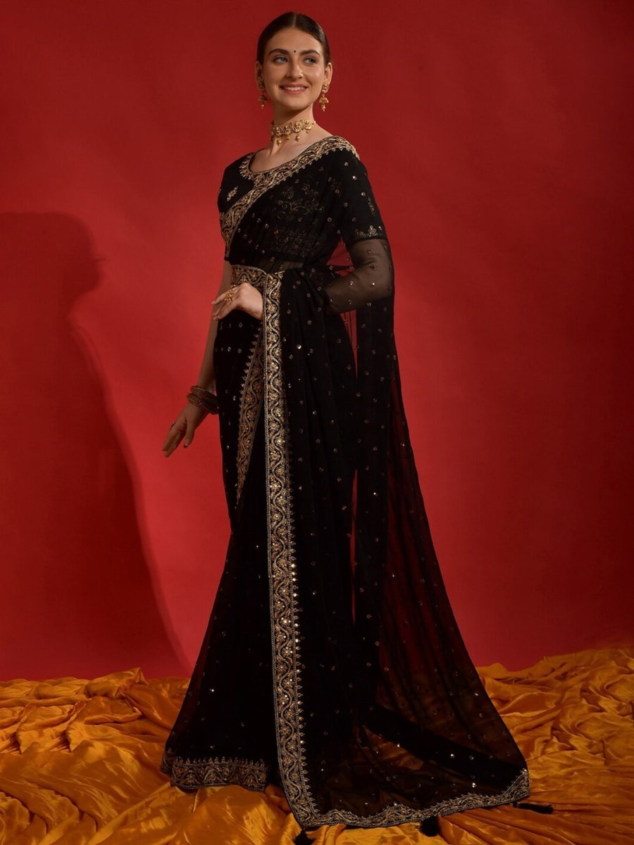 Anouk Black & Gold-Toned Embellished Embroidered Pure Georgette Saree - Distacart