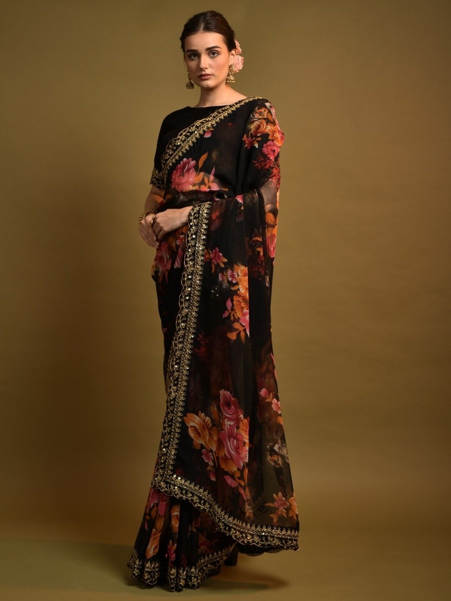 Anouk Black & Orange Floral Printed Embroidered Pure Georgette Saree - Distacart