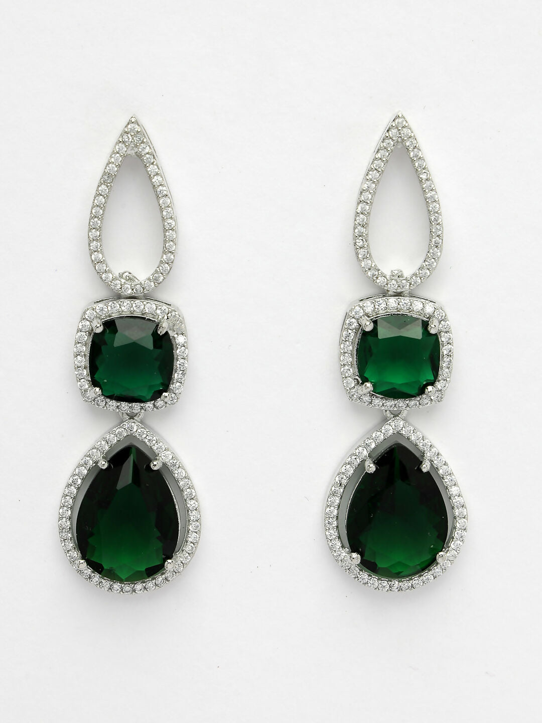 NVR Women's Green & Silver-Plated American Diamond Handcrafted Jewellery Set - Distacart