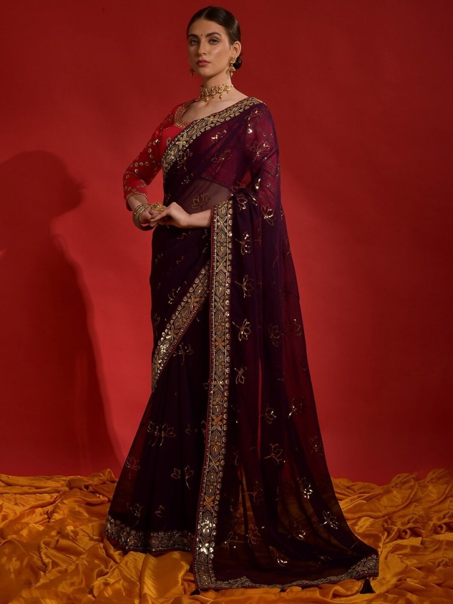 Anouk Burgundy & Gold-Toned Embellished Sequinned Pure Georgette Saree - Distacart