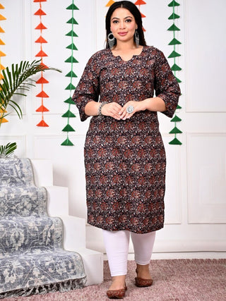 Swasti Brown Floral Printed Cotton Straight A-Line Kurta