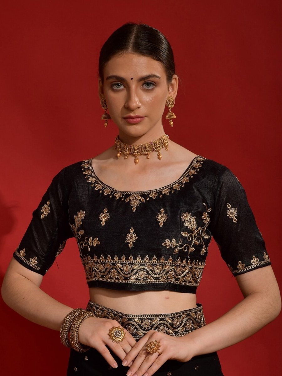 Anouk Black & Gold-Toned Floral Embroidered Pure Georgette Saree - Distacart