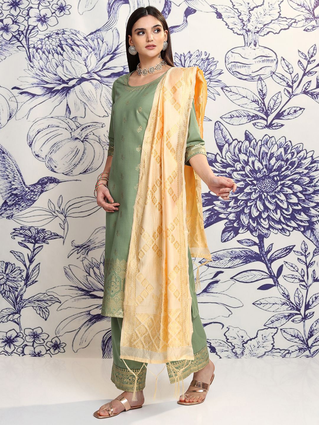 Vishudh Ethnic Motifs Woven Design Straight Kurta & Palazzos With Dupatta