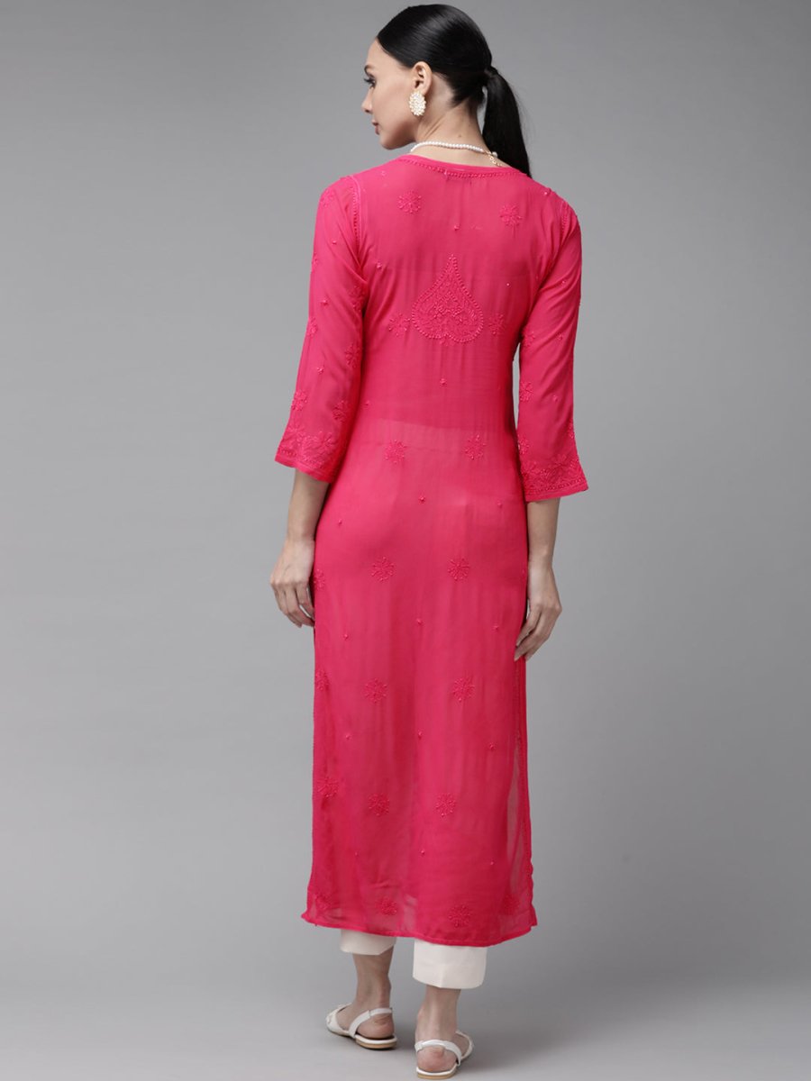 ADA Women Magenta & Magenta Ethnic Motifs Embroidered Chikankari Georgette Kurta - Distacart