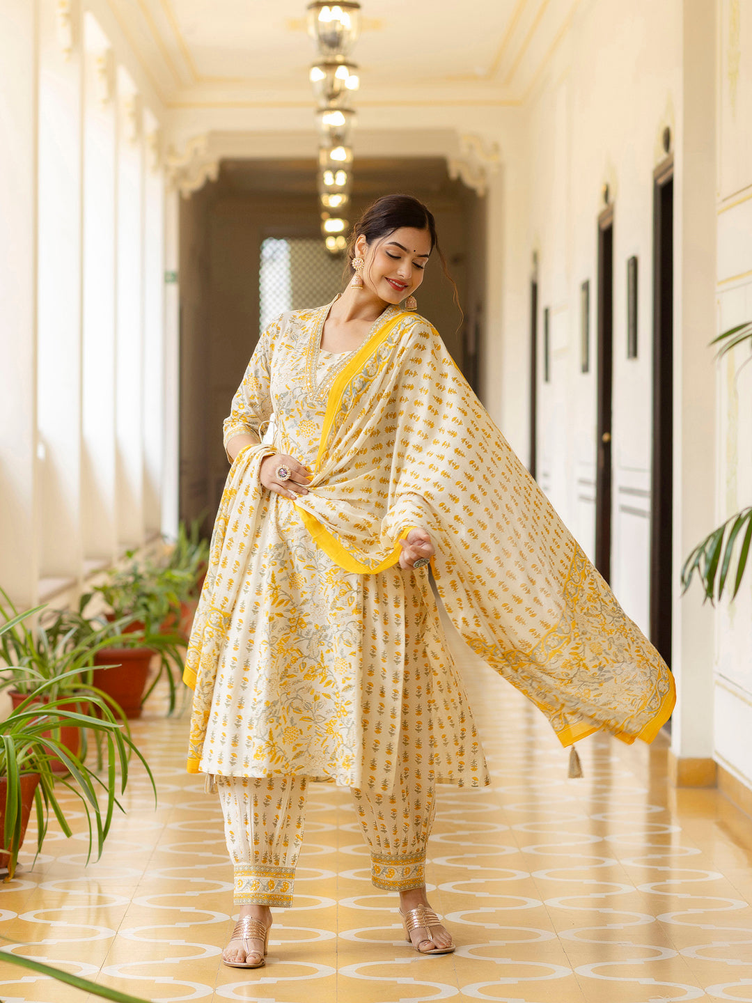 Kalini Floral Printed Sequined Mirror Work A-line Pure Cotton Kurta with Patiala & Dupatta - Distacart