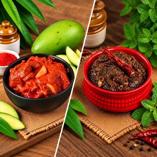 Tenali Ruchulu Pickles Combo: Mango Pickle + Pudhina(Mint Leaves) Pickle