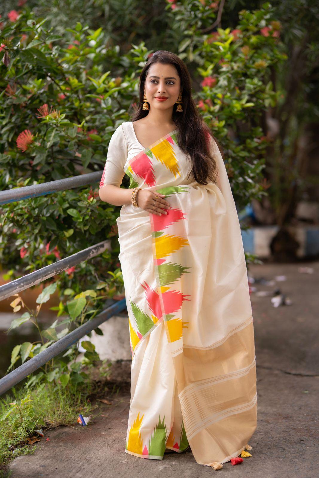 Cream Polycotton Woven Design Saree with Unstitched Blouse - A2M - Distacart