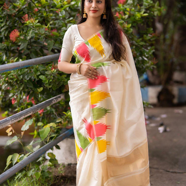 Cream Polycotton Woven Design Saree with Unstitched Blouse - A2M - Distacart