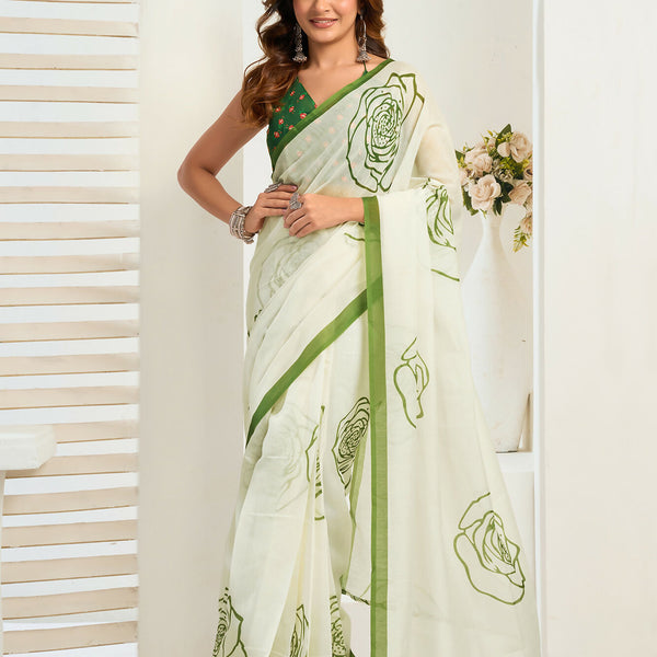 Vastranavya Green Digital Printed Linen Ready To Wear Designer Saree with Unstitched Blouse - Distacart