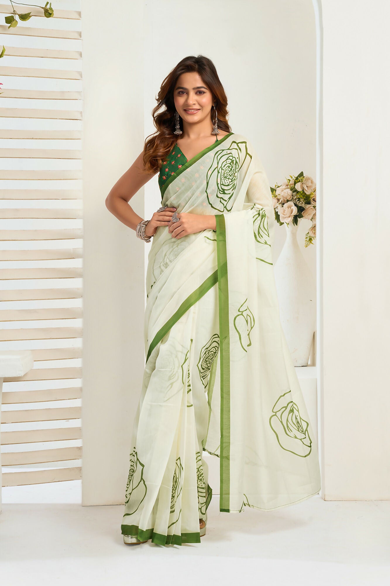 Vastranavya Green Digital Printed Linen Ready To Wear Designer Saree with Unstitched Blouse - Distacart