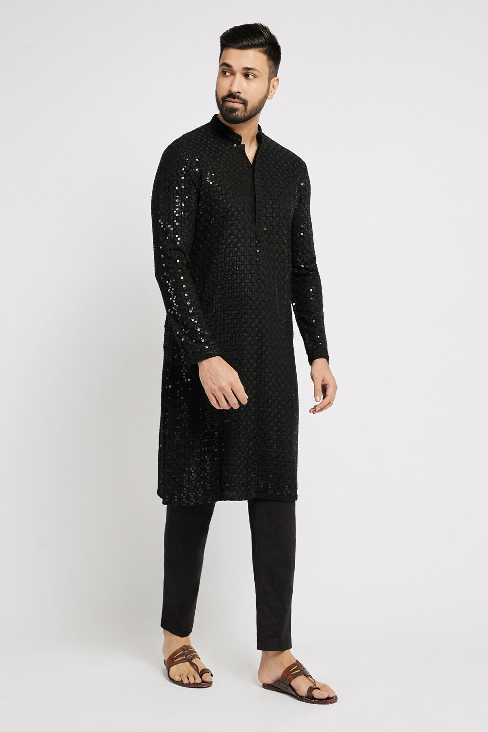 Ethnic India Black Men's Kurta Embellished Viscose Rayon - Distacart
