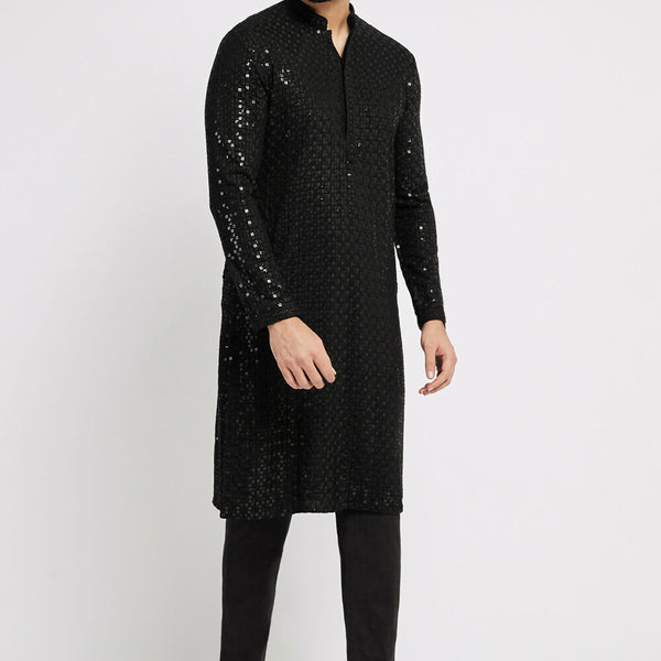 Ethnic India Black Men's Kurta Embellished Viscose Rayon - Distacart