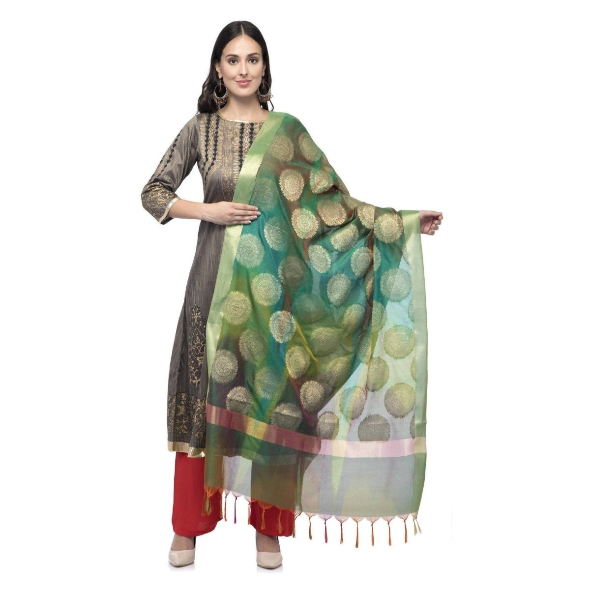 A R Silk Women's Vanarsi Green Silk Zari Embroidery With Multi Color Fancy Dupatta