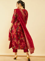 Thumbnail for Soch Maroon Floral Woven Design Beads and Stones Brocade Kurta With Trousers & Dupatta - Distacart