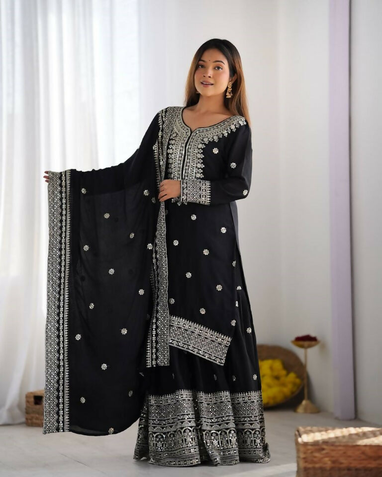 Teeya Creation Black Colour Chinnon Silk Heavy Embroidery Work Fully Stitched Salwar Suit