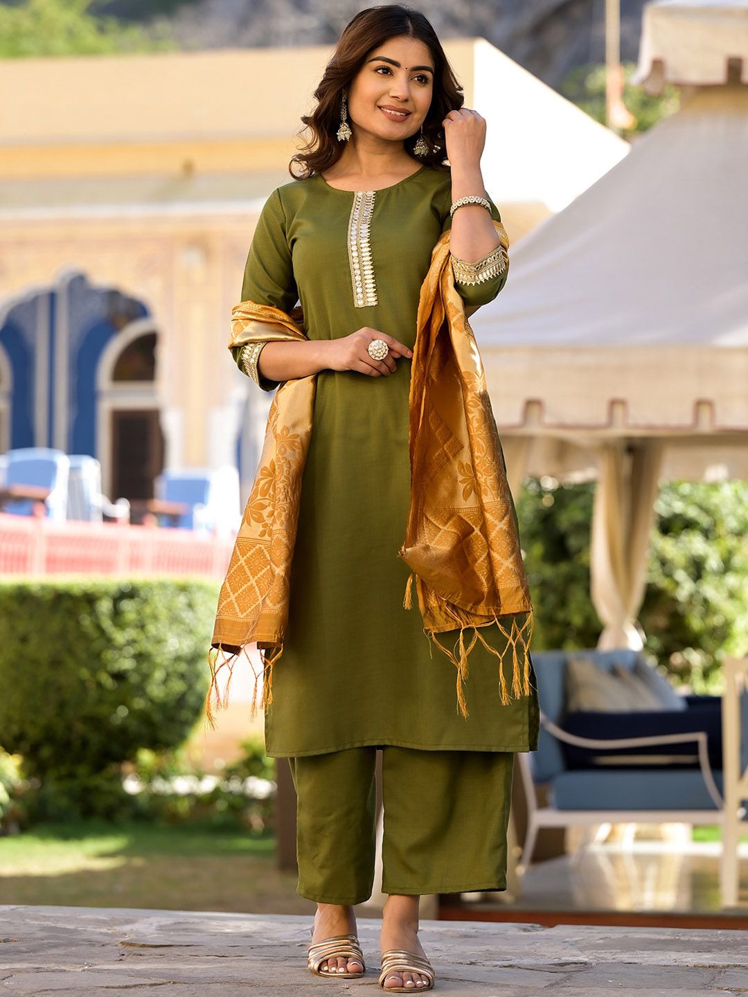 Vishudh Green & Gold Toned Round Neck Embellished Straight Kurta & Palazzos With Dupatta
