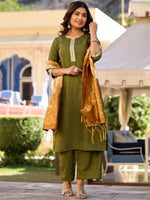 Thumbnail for Vishudh Green & Gold Toned Round Neck Embellished Straight Kurta & Palazzos With Dupatta