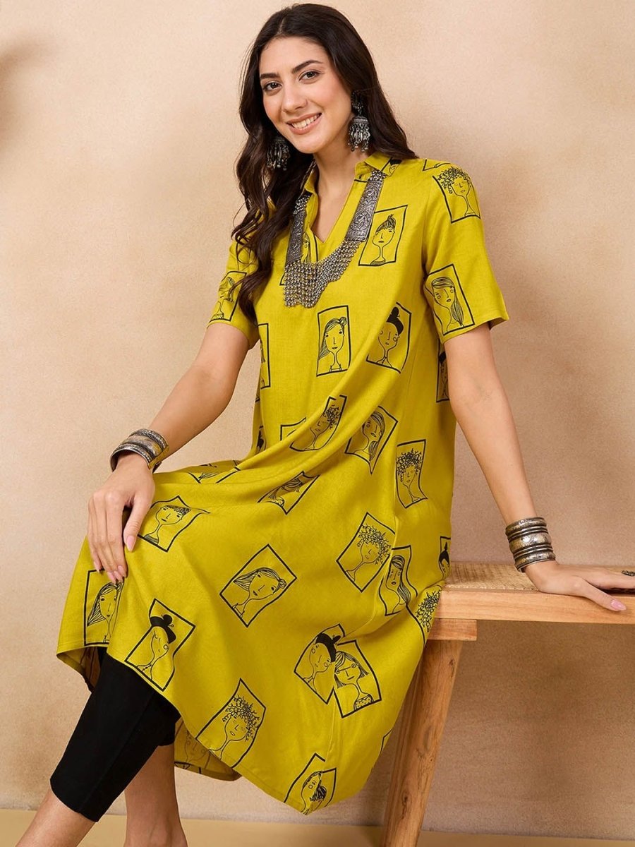 Anouk Mustard Yellow Ethnic Motifs Printed Shirt Collar A-Line Kurta - Distacart