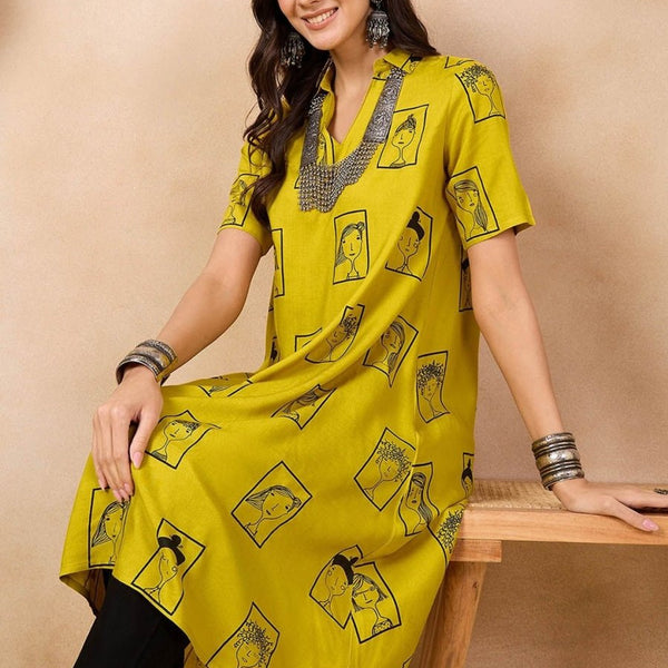Anouk Mustard Yellow Ethnic Motifs Printed Shirt Collar A-Line Kurta - Distacart