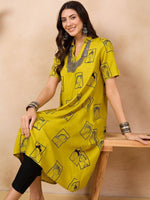 Thumbnail for Anouk Mustard Yellow Ethnic Motifs Printed Shirt Collar A-Line Kurta