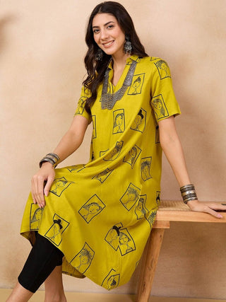 Anouk Mustard Yellow Ethnic Motifs Printed Shirt Collar A-Line Kurta - Distacart