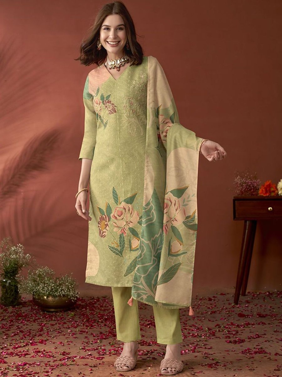 Anouk Green Floral Embroidered Beads & Stones Linen Kurta with Trousers & Dupatta - Distacart