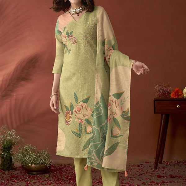 Anouk Green Floral Embroidered Beads & Stones Linen Kurta with Trousers & Dupatta - Distacart