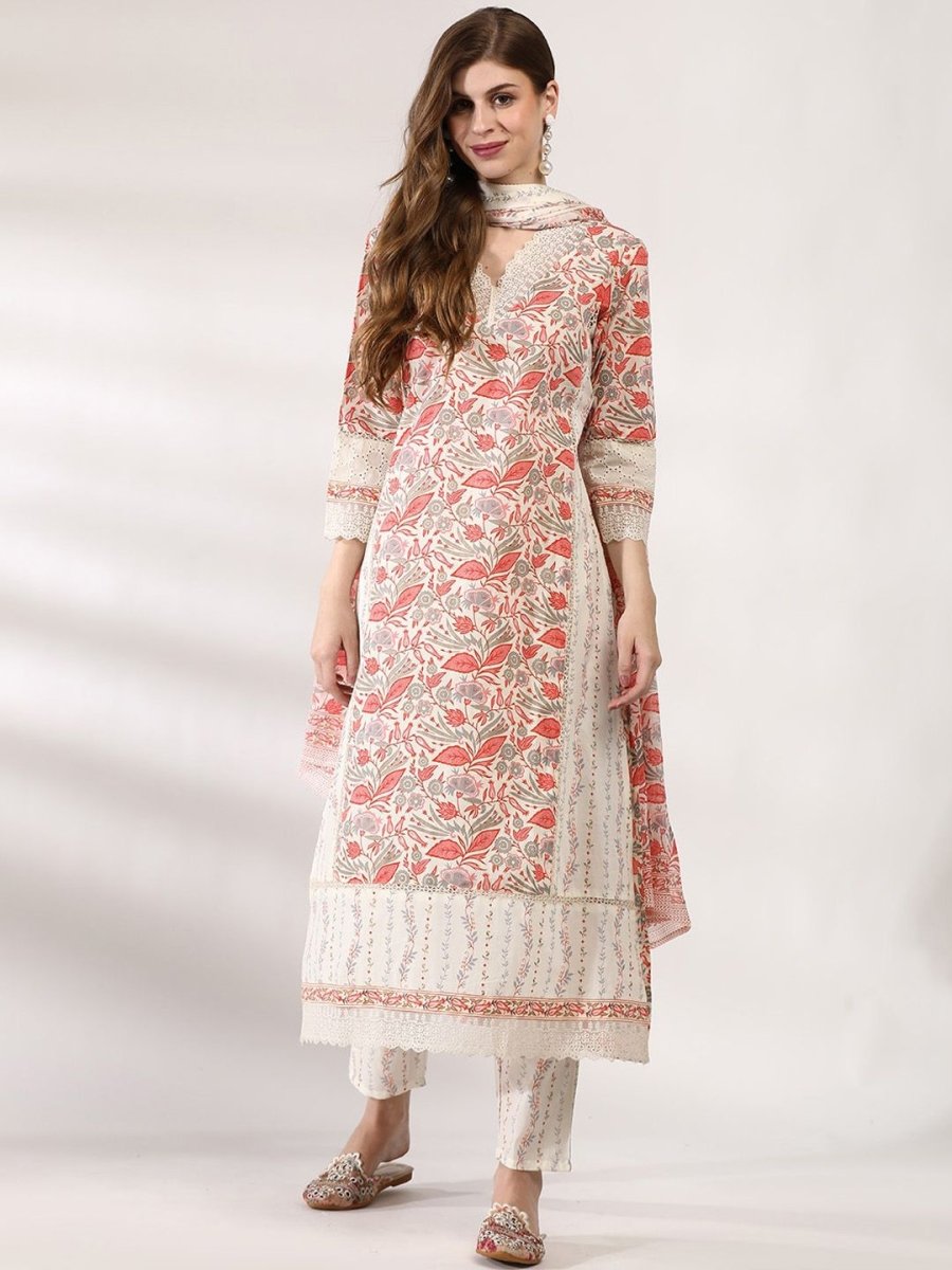 Anouk Floral Printed Regular Thread Work Pure Cotton Kurta With Trousers & Dupatta - Distacart