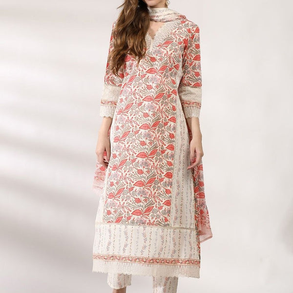 Anouk Floral Printed Regular Thread Work Pure Cotton Kurta With Trousers & Dupatta - Distacart