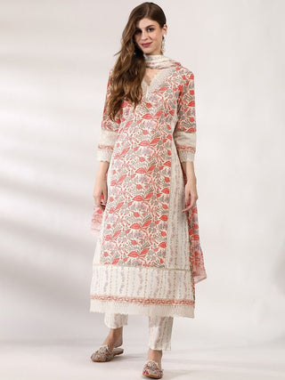 Anouk Floral Printed Regular Thread Work Pure Cotton Kurta With Trousers & Dupatta