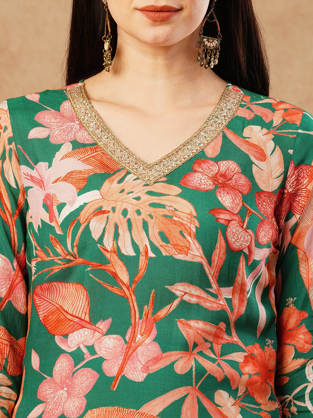 Kalini Floral Printed Thread Work Regular Straight Kurta With Palazzos - Distacart