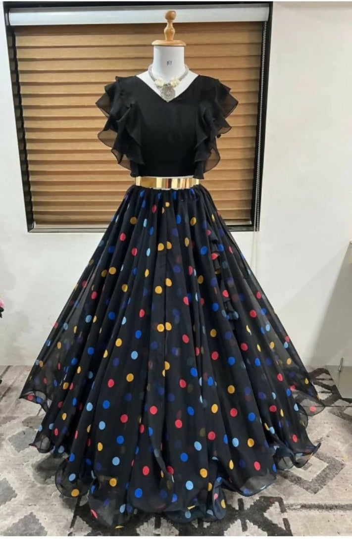 Dishitha Creation Color Dot Printed Stitched Lehenga & Crop Top - Black & Black - Distacart