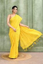 Thumbnail for Piyari Fashion Women's Yellow Embellished Cotton Blend Zari Check Handloom Saree - Distacart