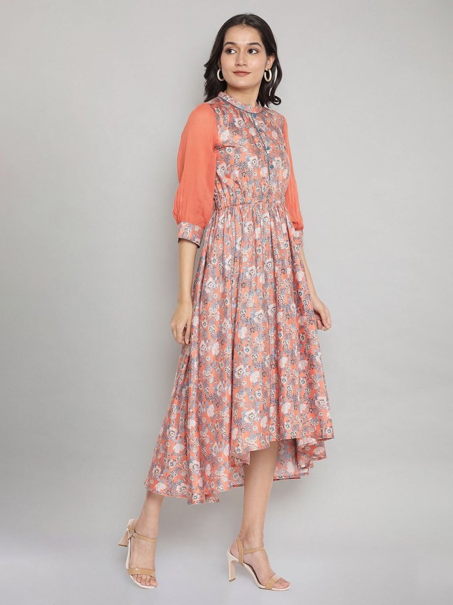 AURELIA Peach-Coloured & Blue Floral Printed Asymmetric Midi Fit & Flare Dress - Distacart