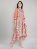Thumbnail for AURELIA Peach-Coloured & Blue Floral Printed Asymmetric Midi Fit & Flare Dress