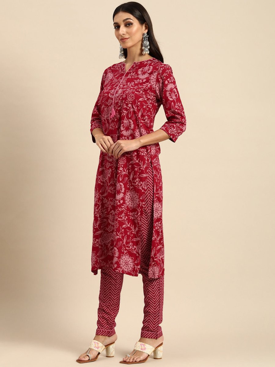 All About You Women Red Floral Printed Kurta with Trousers - Distacart