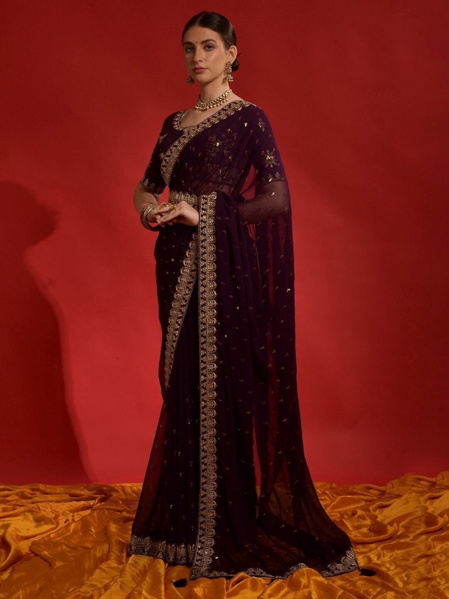 Anouk Purple & Gold-Toned Floral Embroidered Pure Georgette Saree - Distacart