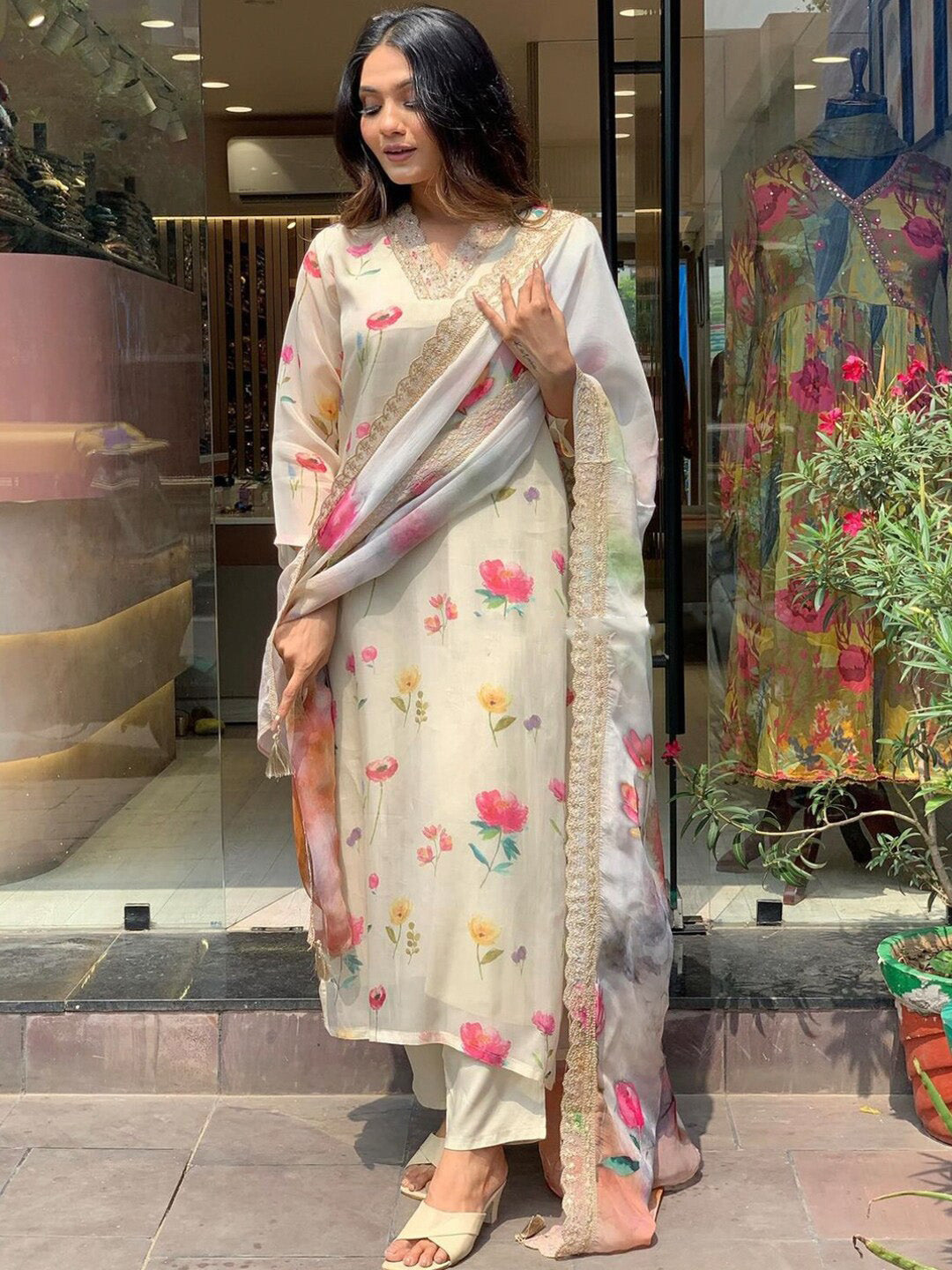 Kalini Floral Printed Sequinned Straight Kurta With Trouser & Dupatta - Distacart