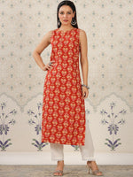 Thumbnail for Ode by House of Pataudi Ethnic Motifs Printed Sleeveless Straight Kurta - Distacart
