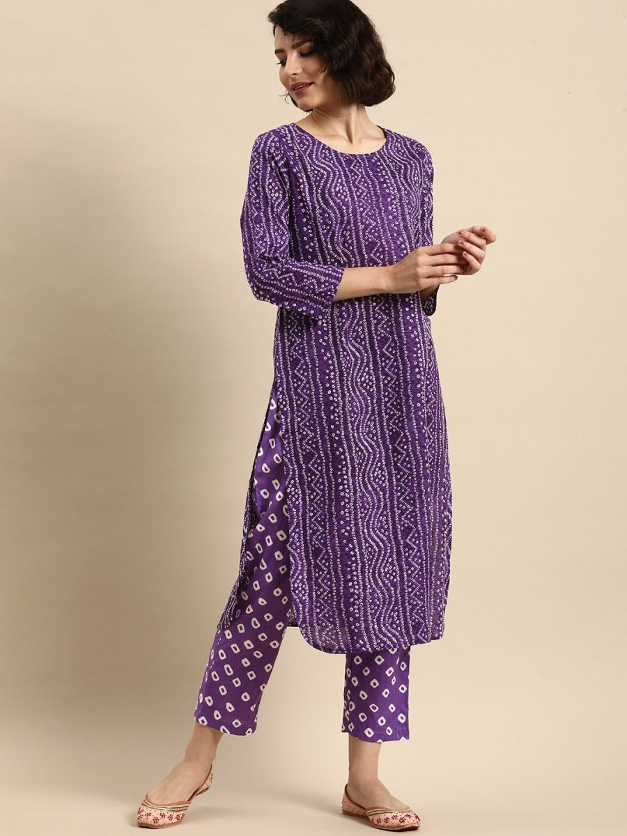 Anouk Women Purple Bandhani Printed Pure Cotton Kurta with Trousers - Distacart