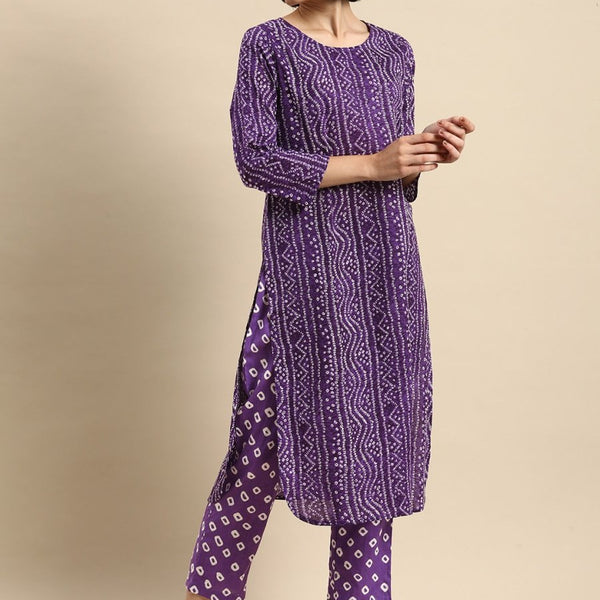 Anouk Women Purple Bandhani Printed Pure Cotton Kurta with Trousers - Distacart