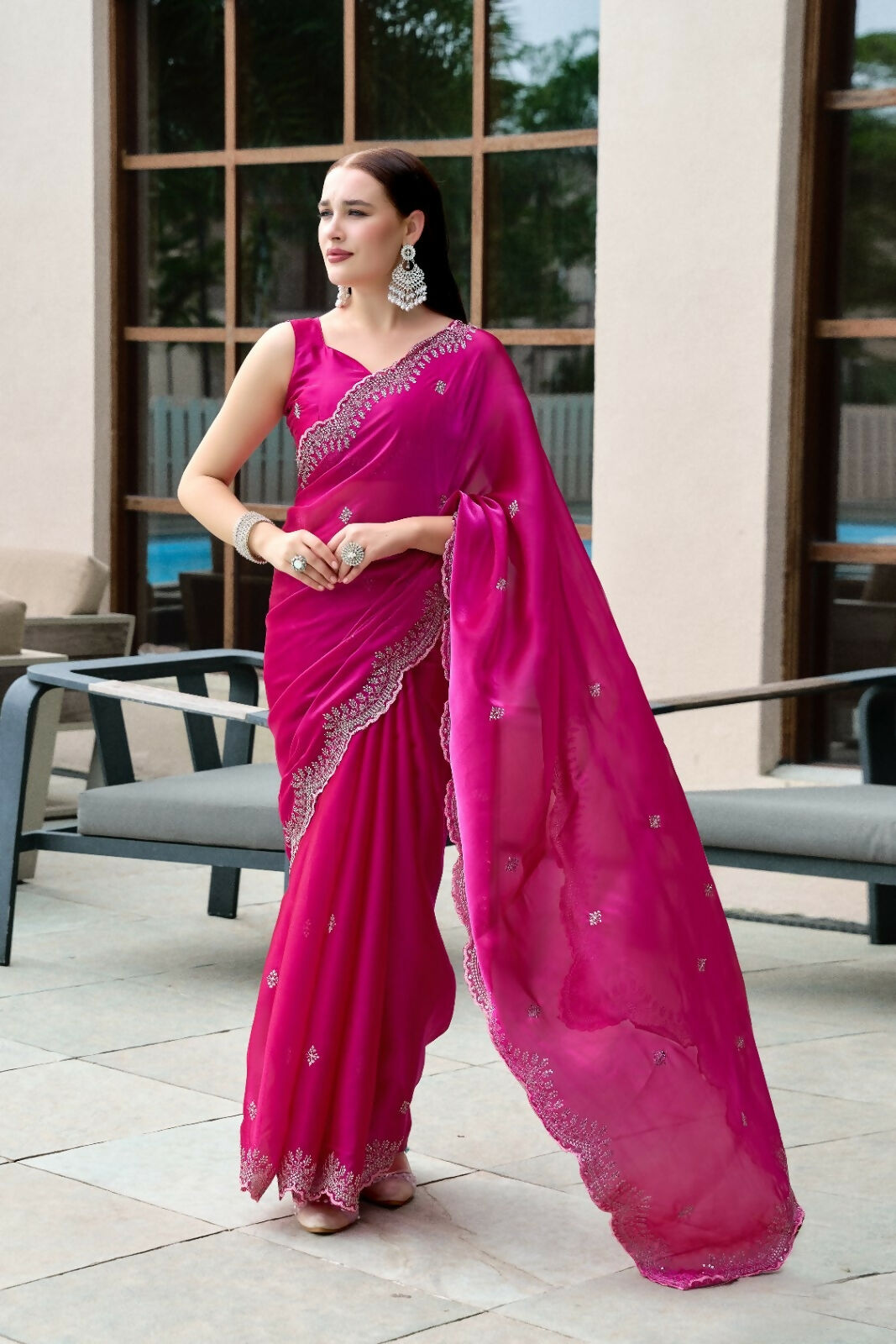 Vastranavya Pink Embroidery Work Shimmer Chiffon Saree with Unstitched Blouse