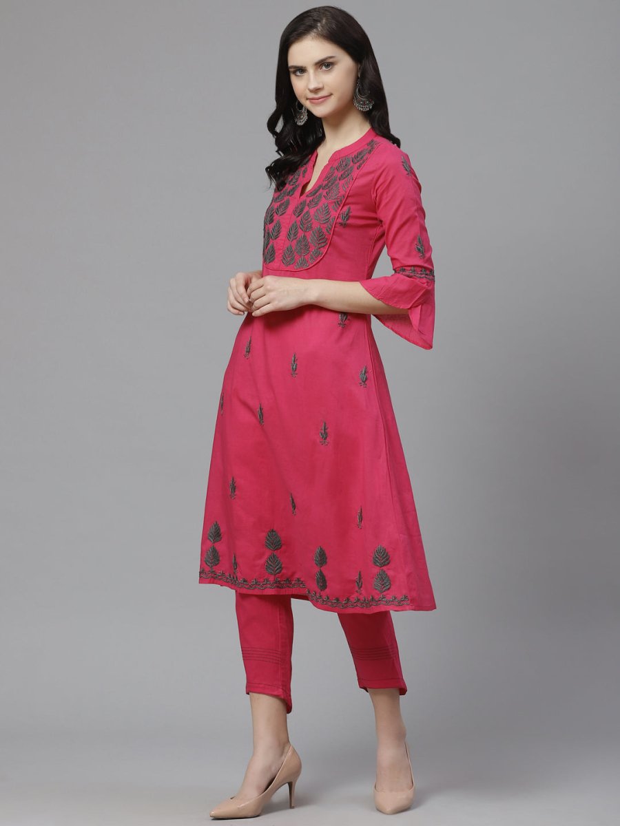 ADA Women Pink & Charcoal Grey Chikankari Embroidered Sustainable Handloom Kurta with Trousers - Distacart