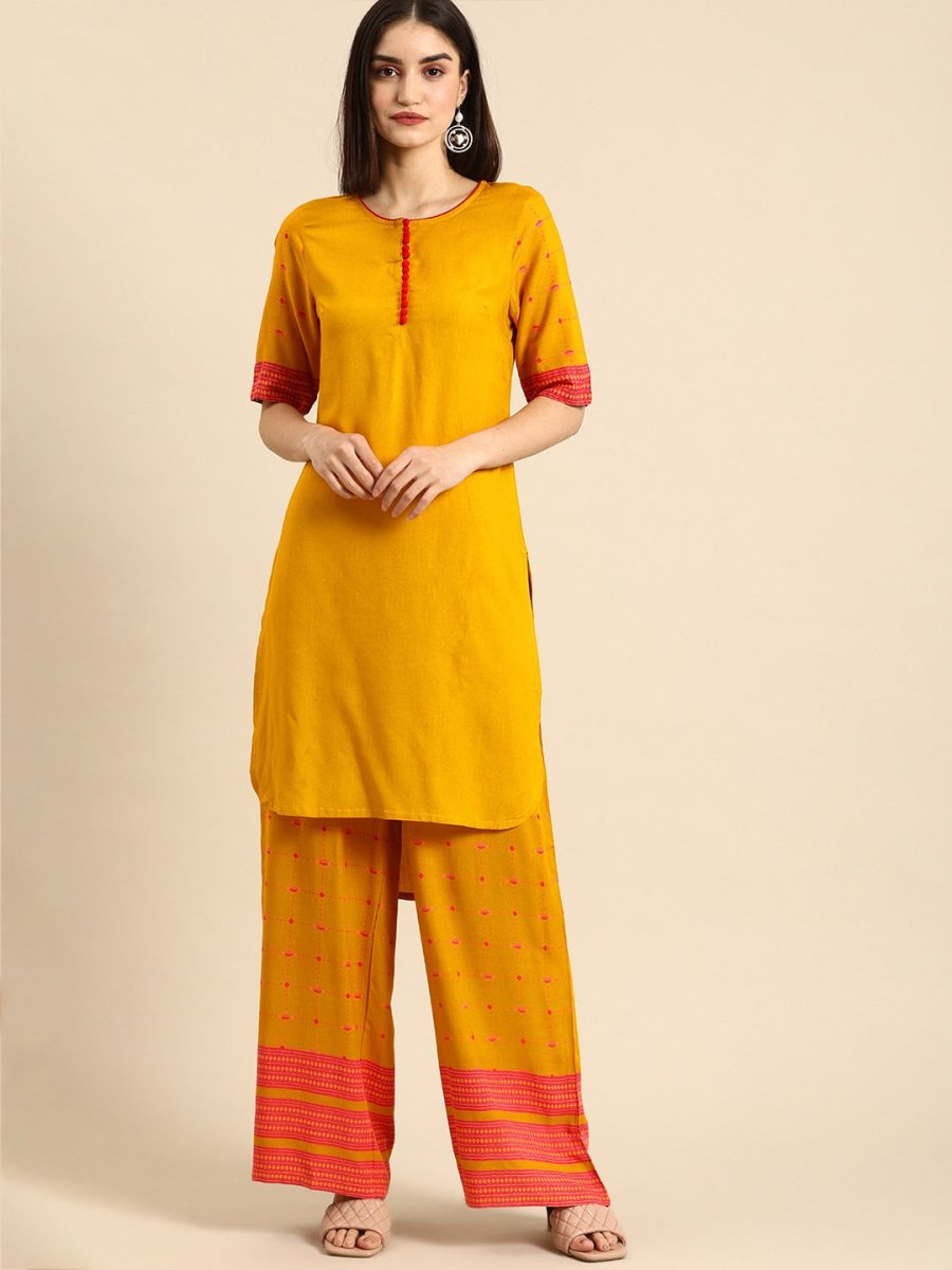 All About You Women Mustard Yellow & Pink Round Neck Regular Kurta with Palazzos - Distacart