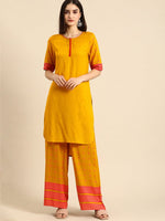 Thumbnail for All About You Women Mustard Yellow & Pink Round Neck Regular Kurta with Palazzos - Distacart