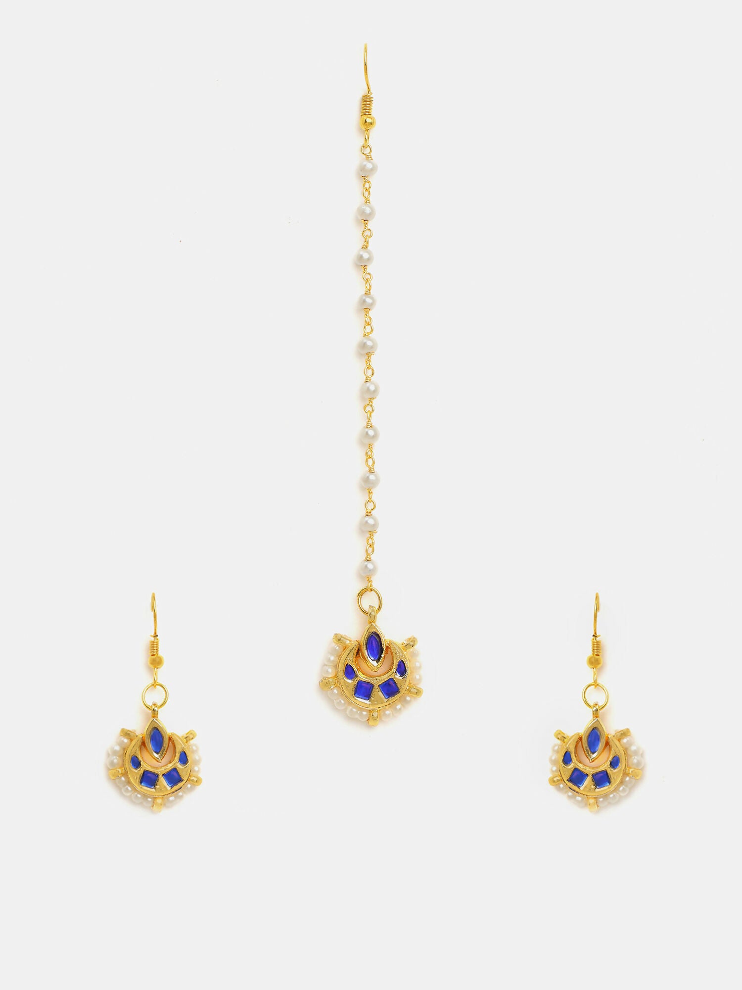 Ruby Raang Finest Gold Kundan Earrings With A Maang Tikka