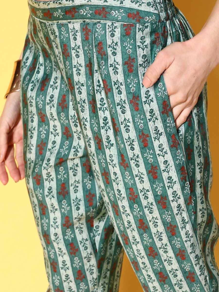 All About You Women Calm Green Ethnic Motifs Print Parade Kurta with Trousers - Distacart