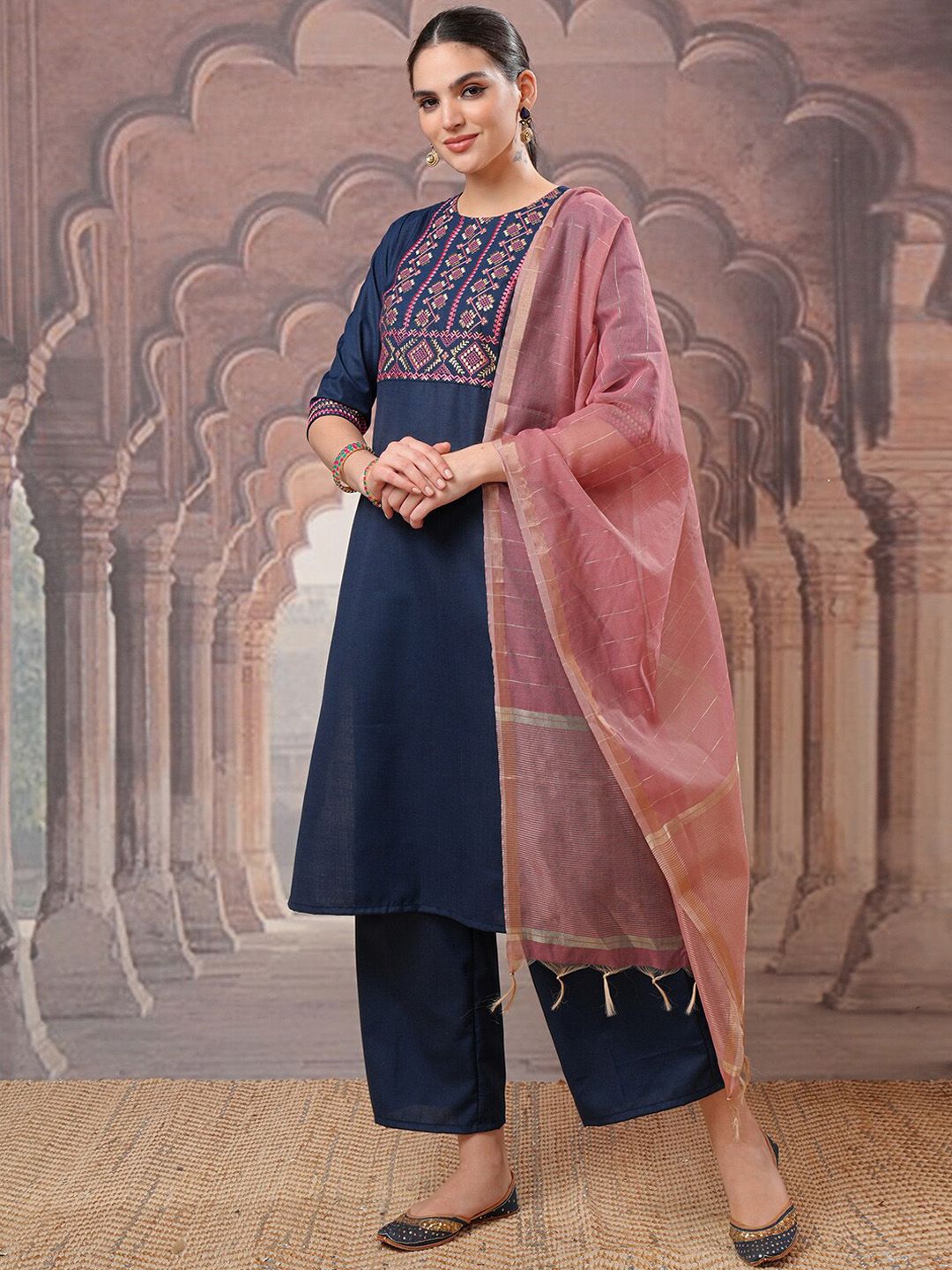 Vishudh Embroidered Regular Thread Work Kurta with Palazzos & With Dupatta - Distacart