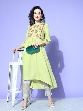 All About You Women Green Floral Embroidered Mirror Work Floral Anarkali Kurta - Distacart