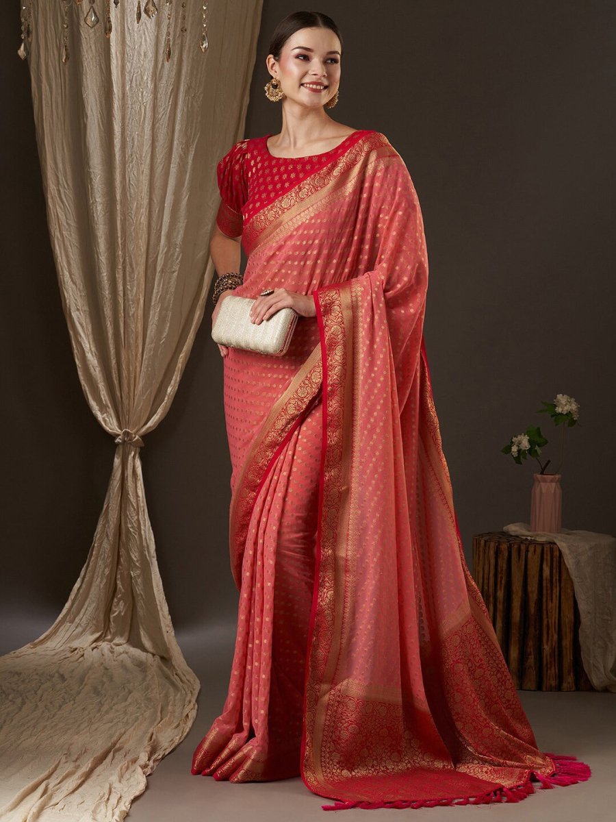 Anouk Rose Gold & Red Woven Design Zari Pure Georgette Kanjeevaram Saree - Distacart